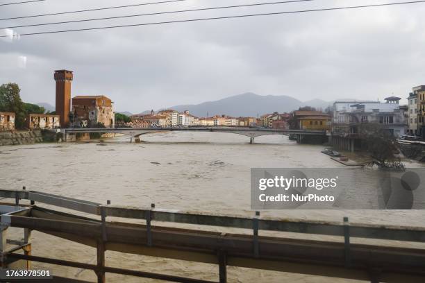 General view of houses and roads submerged due flood damage in Toscana on November 04, 2023 in Pisa, Italy