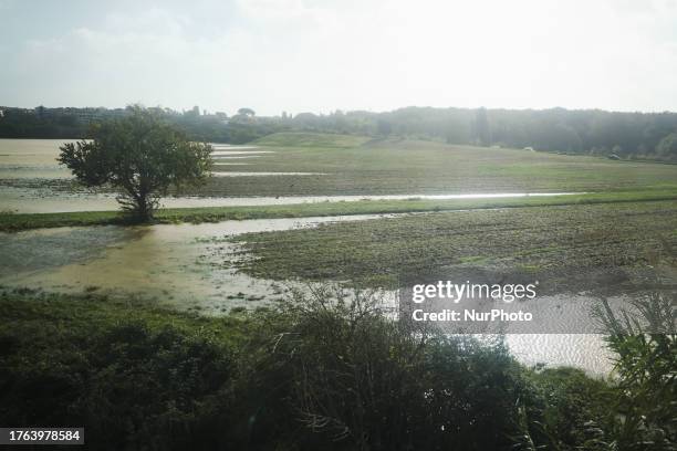 General view of houses and roads submerged due flood damage in Toscana on November 04, 2023 in Prato, Italy