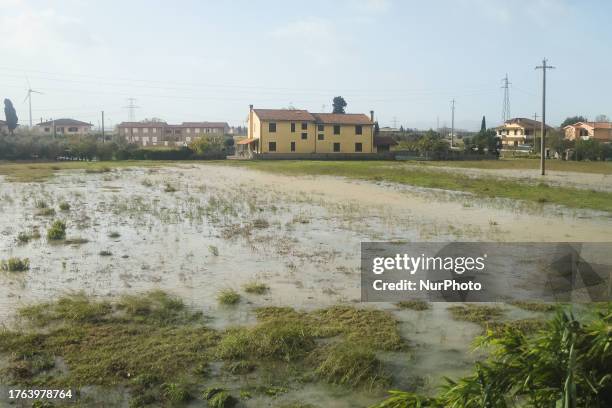 General view of houses and roads submerged due flood damage in Toscana on November 04, 2023 in Campi Bisenzio, Italy