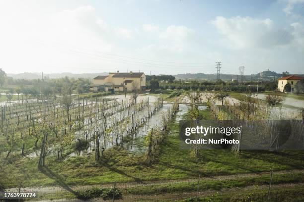 General view of houses and roads submerged due flood damage in Toscana on November 04, 2023 in Campi Bisenzio, Italy