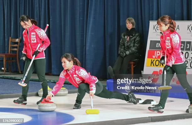 Members of Japan women's curling team Loco Solare play in the final at Pan Continental championships in Kelowna, Canada, on Nov. 4, 2023.