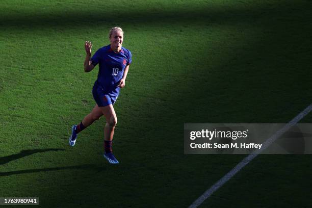Lindsey Horan of Team United States reacts after scoring a goal during the second half of a game against Columbia at Snapdragon Stadium on October...