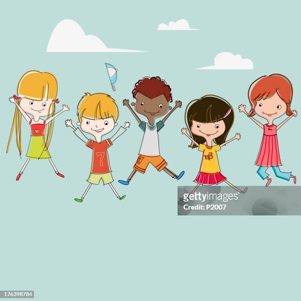 kinder springen - kids smiling multiple nationalities stock-grafiken, -clipart, -cartoons und -symbole
