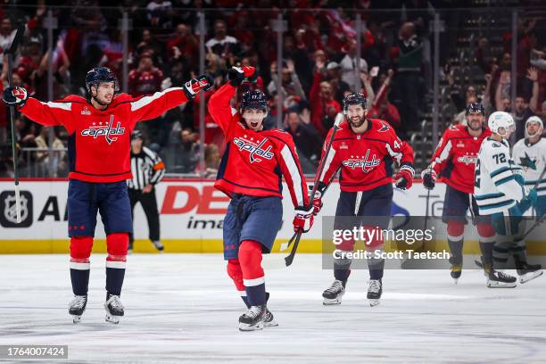 Dylan Strome of the Washington Capitals celebrates scoring a goal against the San Jose Sharks during the third period at Capital One Arena on October...