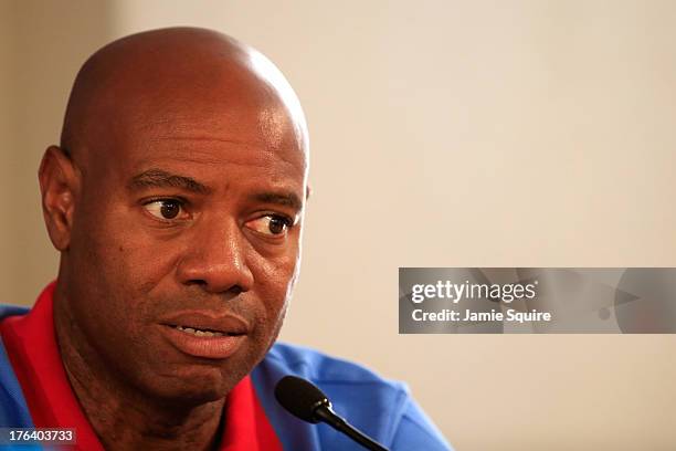 Former Long Jump World Champion Mike Powell of United States attendS the IAAF Ambassador Programme Press Conference during Day Three of the 14th IAAF...