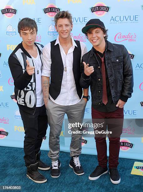 Musical group Emblem3 arrives at the 2013 Teen Choice Awards at Gibson Amphitheatre on August 11, 2013 in Universal City, California.