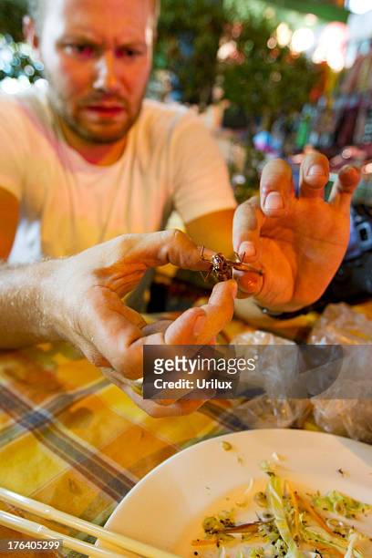 extreme insect cuisine - yuri himself - insect eating stock pictures, royalty-free photos & images