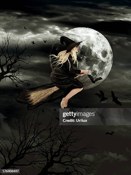 travelling by the light of the silver moon - witch flying on broom stock pictures, royalty-free photos & images