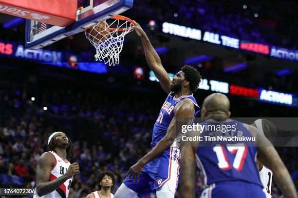 Joel Embiid of the Philadelphia 76ers dunks during the second quarter against the Portland Trail Blazers at Wells Fargo Center on October 29, 2023 in...