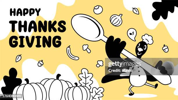 a turkey chef with a large spoon dances in front of harvested pumpkins on thanksgiving day - buffet stock illustrations