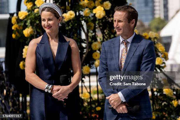 Michelle Payne and Damian Oliver attend the 2023 Melbourne Cup Carnival Launch at Flemington Racecourse on October 30, 2023 in Melbourne, Australia.