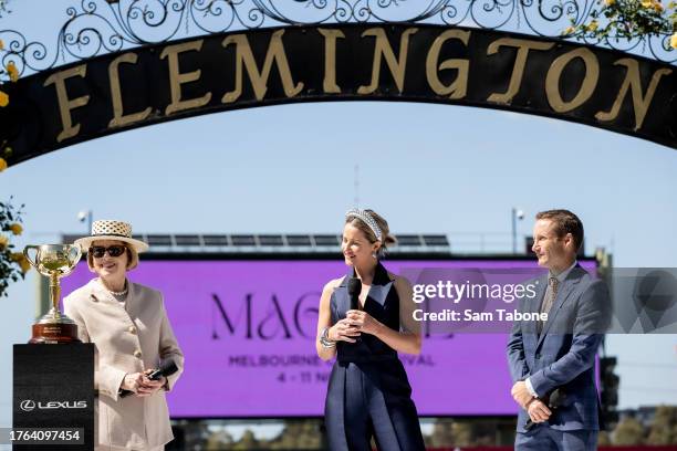 Gai Waterhouse, Michelle Payne and Damian Oliver attend the 2023 Melbourne Cup Carnival Launch at Flemington Racecourse on October 30, 2023 in...