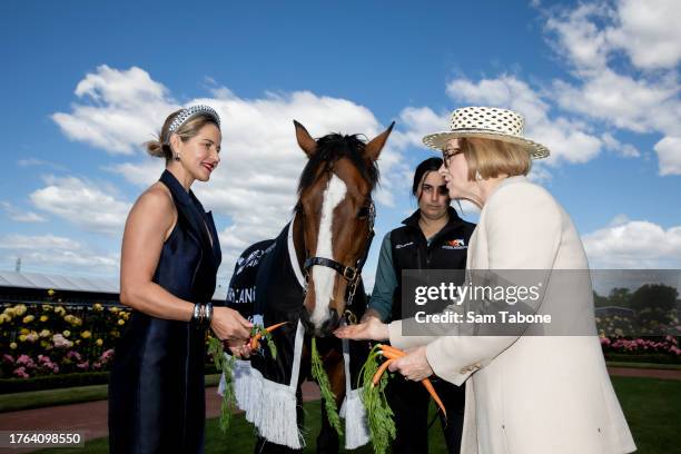 Michelle Payne and Gai Waterhouse attend the 2023 Melbourne Cup Carnival Launch at Flemington Racecourse on October 30, 2023 in Melbourne, Australia.