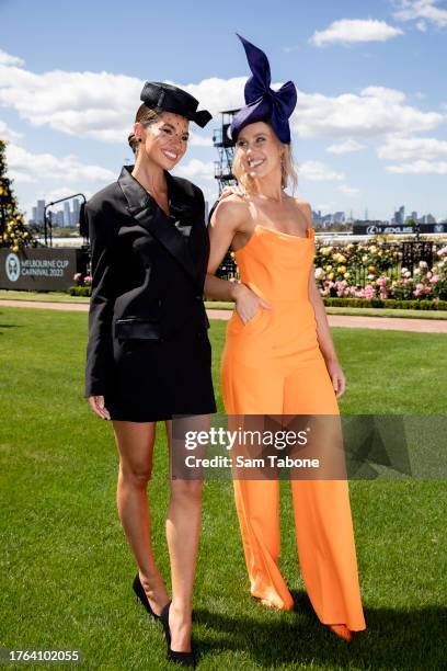 Demi Brereton and Krystal Kimber attend the 2023 Melbourne Cup Carnival Launch at Flemington Racecourse on October 30, 2023 in Melbourne, Australia.