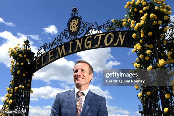 Jockey Damien Oliver poses during the 2023 Melbourne Cup Carnival Launch at Flemington Racecourse on October 30, 2023 in Melbourne, Australia.