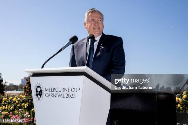 Eddie McGuire attends the 2023 Melbourne Cup Carnival Launch at Flemington Racecourse on October 30, 2023 in Melbourne, Australia.