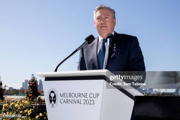 Eddie McGuire attends the 2023 Melbourne Cup Carnival Launch at Flemington Racecourse on October 30, 2023 in Melbourne, Australia.