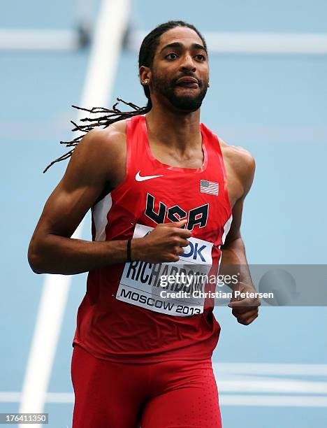 Jason Richardson of the United States competes in the Men's 110 metres hurdles during Day Three of the 14th IAAF World Athletics Championships Moscow...