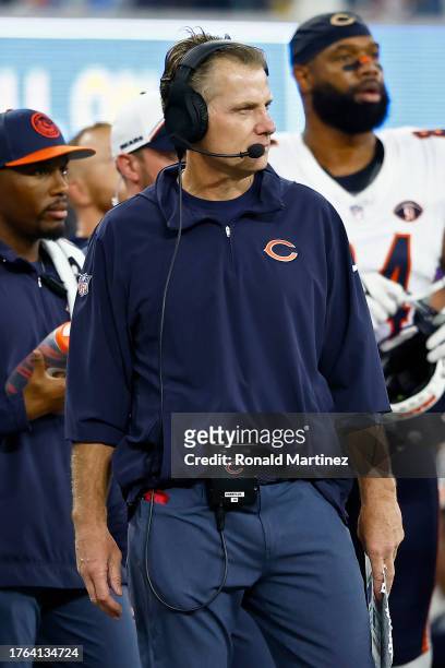 Head coach Matt Eberflus of the Chicago Bears looks on in the second quarter against the Los Angeles Chargers at SoFi Stadium on October 29, 2023 in...