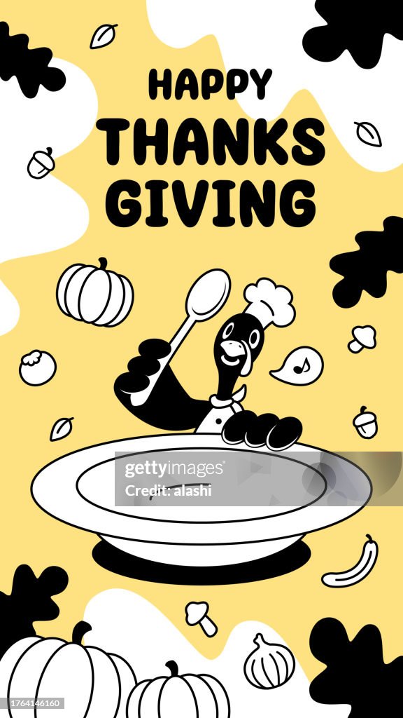 A turkey chef holds a large empty plate and spoon and prepares many ingredients for a Thanksgiving meal