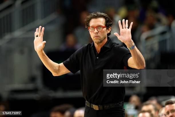 Quin Snyder head coach of the Atlanta Hawks looks on during the second quarter of a game against the Milwaukee Bucks at Fiserv Forum on October 29,...
