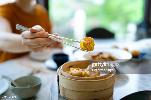 close up of asian woman picking up traditional chinese dim sum shumai with chopsticks. enjoying chinese dim sum, with various traditional dim sum freshly served on dining table. authentic chinese food. dining out lifestyle. experiencing chinese culture - gyoza foto e immagini stock