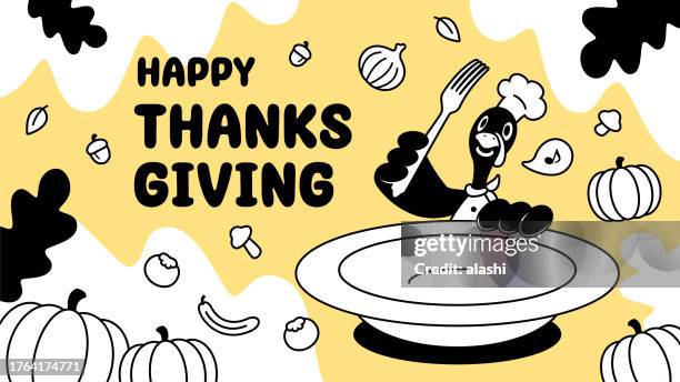 a turkey chef holds a large empty plate and fork and prepares many ingredients for a thanksgiving meal - empty plate stock illustrations