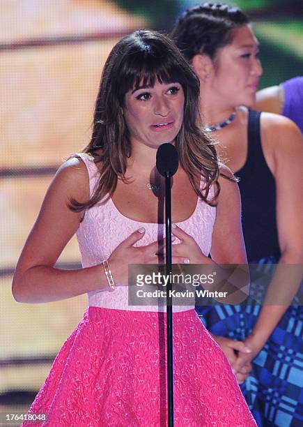 Actress Lea Michele accepts Choice TV Show: Comedy award for 'Glee' onstage during the Teen Choice Awards 2013 at the Gibson Amphitheatre on August...