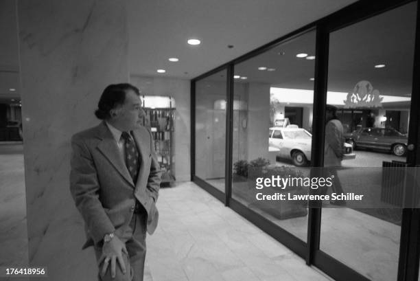 American attorney F. Lee Bailey stands in the lobby of the Stanford Court hotel, San Francisco, California, 1976. At the time, Bailey was serving as...