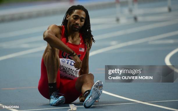 S Jason Richardson reacts after finishing fourth in the men's 110 metres hurdles final at the 2013 IAAF World Championships at the Luzhniki stadium...