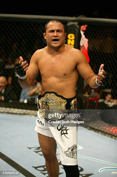 Penn reacts after his submission victory over Matt Hughes during their welterweight championship bout at UFC 46 inside the Mandalay Bay Events Center...