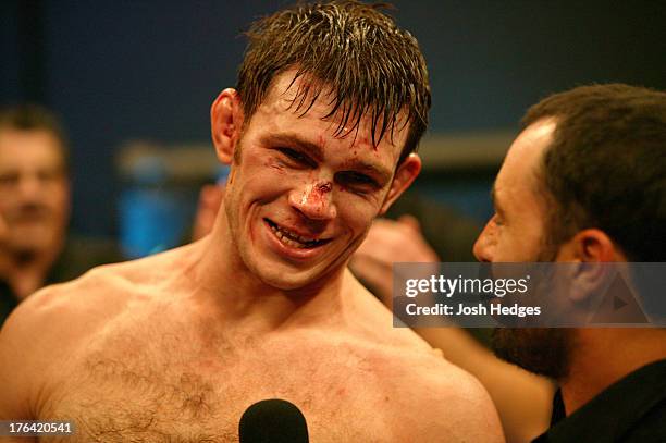 Forrest Griffin reacts after his decision victory over Stephan Bonnar in the light heavyweight finals bout at The Ultimate Fighter Season 1 Finale...