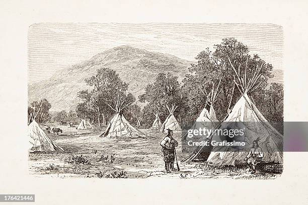 ilustrações, clipart, desenhos animados e ícones de entalhes nativos americanos em 1881 encampment - shoshone national forest
