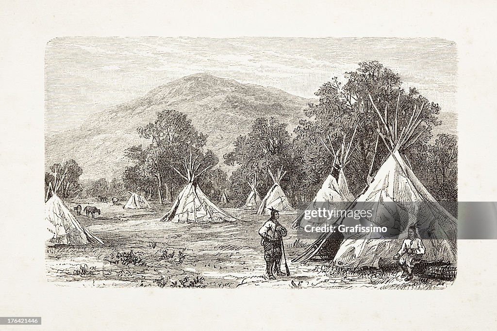 Engraving native american encampment from 1881