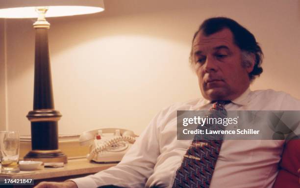 American attorney F. Lee Bailey sits in his room at the Stanford Court hotel, San Francisco, California, 1976. At the time, Bailey was serving as the...