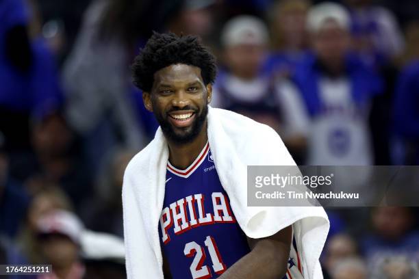 Joel Embiid of the Philadelphia 76ers reacts during the fourth quarter against the Portland Trail Blazers at Wells Fargo Center on October 29, 2023...