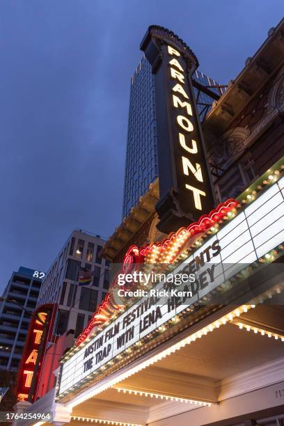 The Paramount Theatre marquee at the premiere of 'The Trap' during the 30th Austin Film Festival at The Paramount Theatre on October 29, 2023 in...