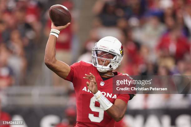 Quarterback Joshua Dobbs of the Arizona Cardinals throws a pass during the NFL game against the Baltimore Ravens at State Farm Stadium on October 29,...