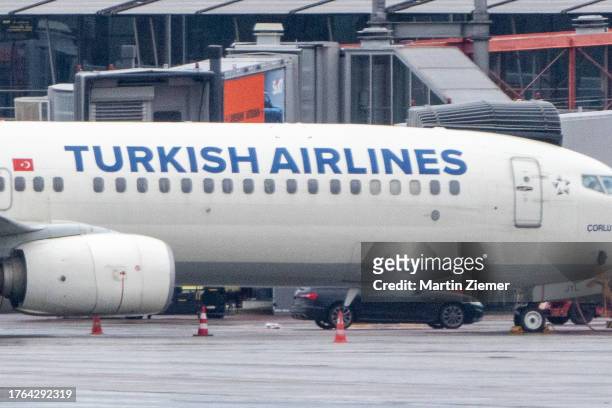 The Car of the hostage taker seen parked under a Turkish airline plane on the tarmac at Hamburg Airport on November 5, 2023 in Hamburg, Germany....