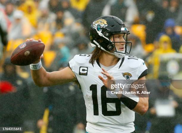 Trevor Lawrence of the Jacksonville Jaguars in action against the Pittsburgh Steelers on October 28, 2023 at Acrisure Stadium in Pittsburgh,...