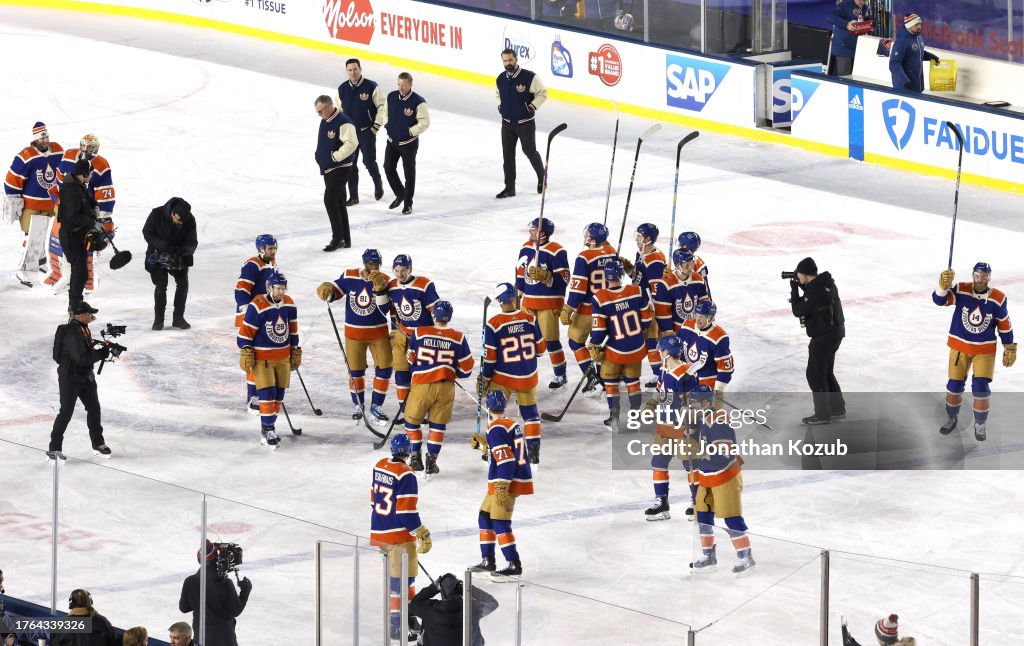 Edmonton Tim The Edmonton Oilers salute the stadium fans after the 2023 Tim... News ...