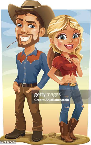 stockillustraties, clipart, cartoons en iconen met cartoon cowboy and cowgirl full body adult western couple - cowboy