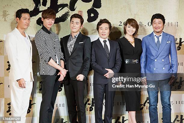 South Korean actors Lee Jung-Jae, Lee Jong-Suk, Cho Jung-Seok, Baek Yoon-Sik, Kim Hae-Soo and Song Kang-Ho attend during the "The Face Reader" press...
