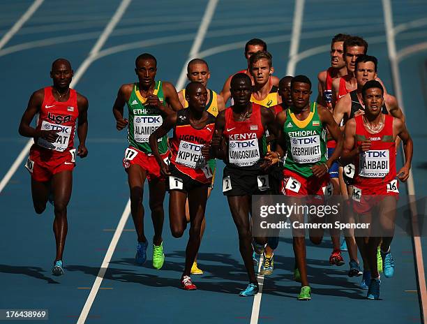 Bernard Lagat of the United States, Phillip Kipyeko of Uganda, Thomas Pkemei Longosiwa of Kenya, Hagos Gebrhiwet of Ethiopia and Aziz Lahbabi of...