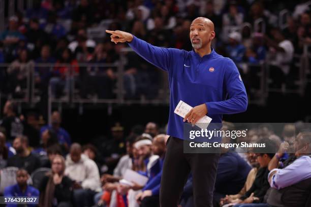 Head coach Monty Williams of the Detroit Pistons looks on in the second half while playing the Chicago Bulls at Little Caesars Arena on October 28,...