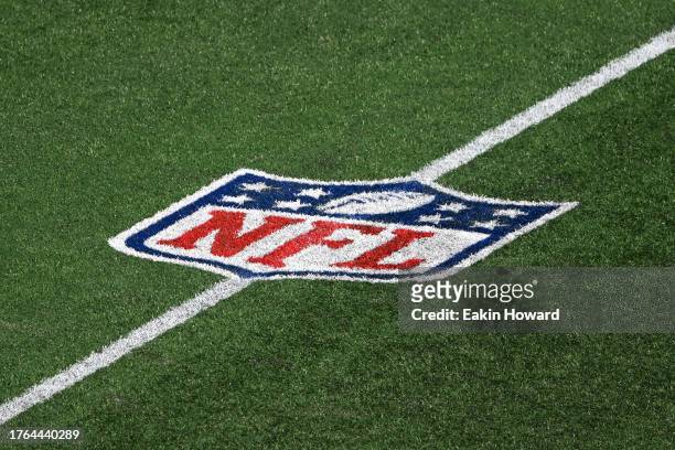 The National Football League logo is seen on the field as the Carolina Panthers play the Houston Texans in the first quarter at Bank of America...