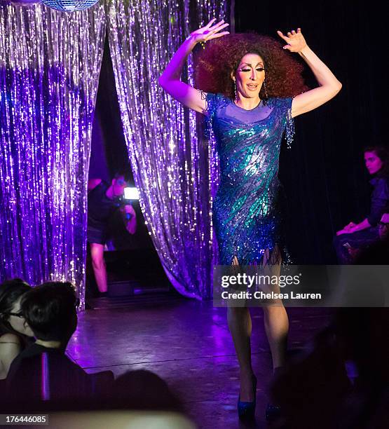 Lady Gaga films drag queen Detox Icunt performing at a drag show with the cast of "RuPaul's Drag Race" at Micky's on August 12, 2013 in Los Angeles,...