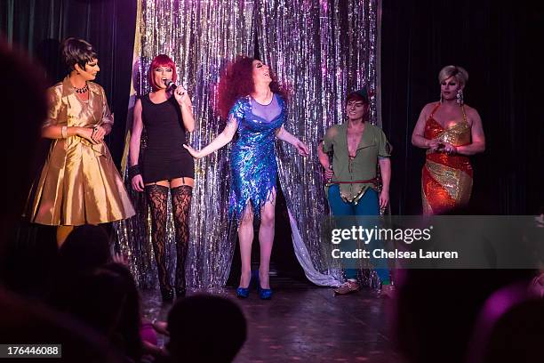 Drag queens Raven, Morgan McMichaels, Detox Icunt, drag king Landon Cider and Shannel perform at a drag show with the cast of "RuPaul's Drag Race" at...