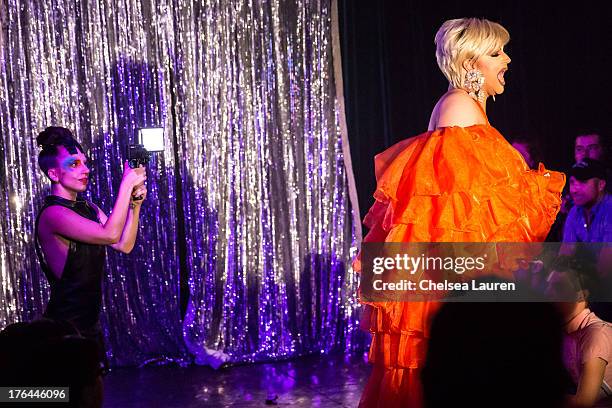 Lady Gaga films drag queen Shannel performing at a drag show with the cast of "RuPaul's Drag Race" at Micky's on August 12, 2013 in Los Angeles,...