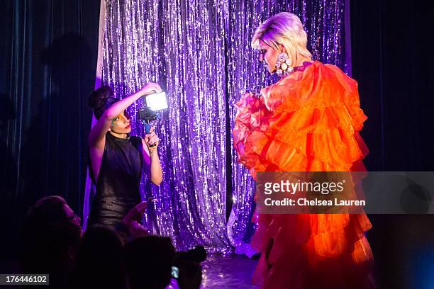 Lady Gaga films drag queen Shannel performing at a drag show with the cast of "RuPaul's Drag Race" at Micky's on August 12, 2013 in Los Angeles,...
